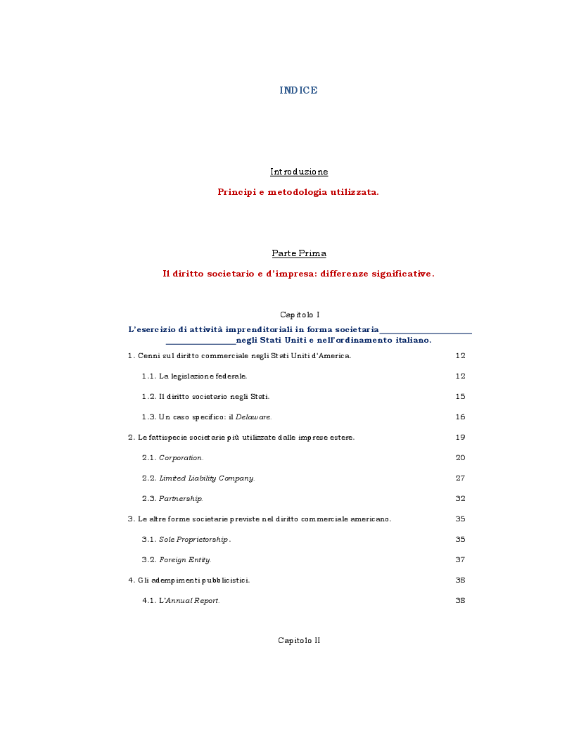 Indice della tesi: Impresa e fiscalità internazionale: Italia - U.S.A. Aspetti di diritto commerciale e interazione tra la normativa fiscale italiana con quella americana., Pagina 1