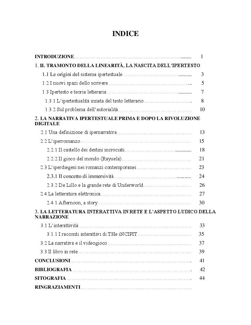 Indice della tesi: Narrativa letteraria, ipertestualità, cultura digitale, Pagina 1
