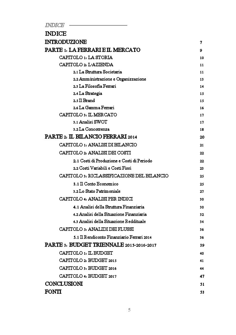 Indice della tesi: La Metodologia del Business Case - Il Caso Ferrari SpA, Pagina 1