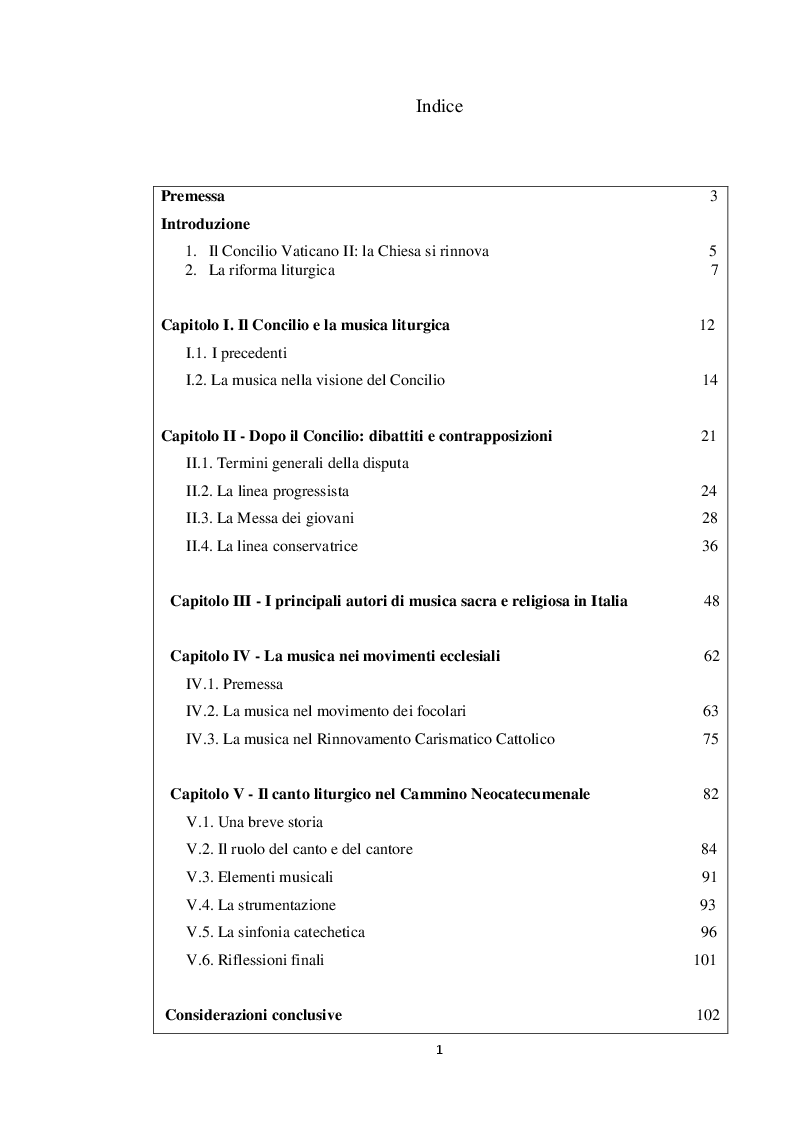 Indice della tesi: La musica sacra dopo il Concilio: funzioni, dibattiti, protagonisti., Pagina 1