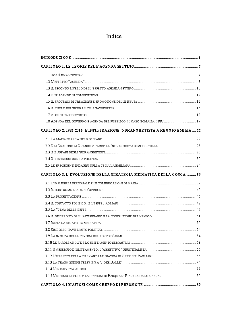 Indice della tesi: 'Ndrangheta e stampa: la strategia mediatica della cosca nei media reggiani, Pagina 1