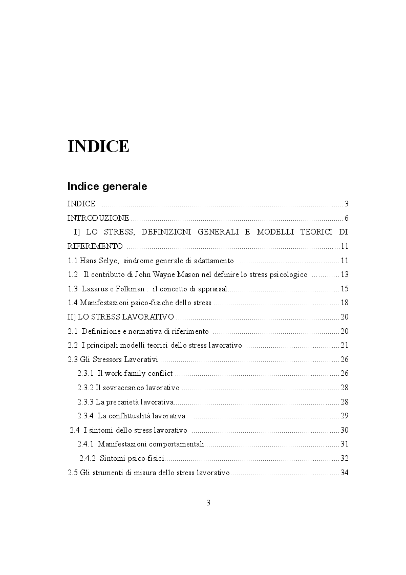Indice della tesi: Stress lavorativo e strategie di coping, Pagina 1
