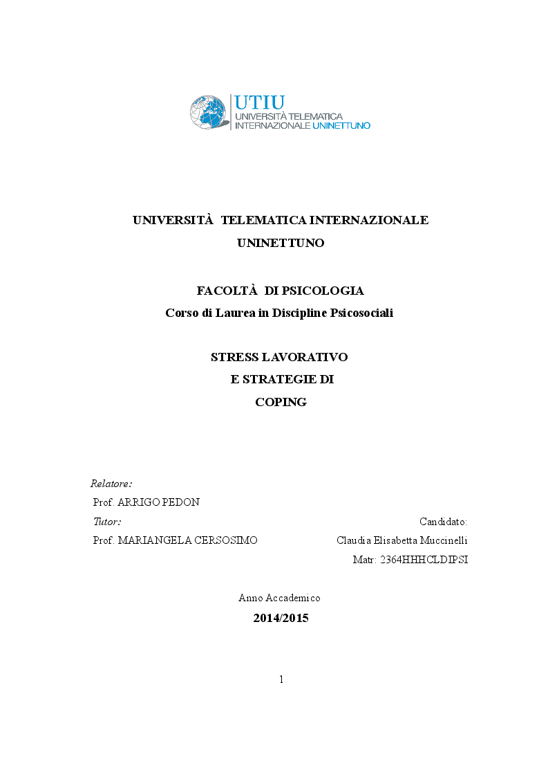 Anteprima della tesi: Stress lavorativo e strategie di coping, Pagina 1