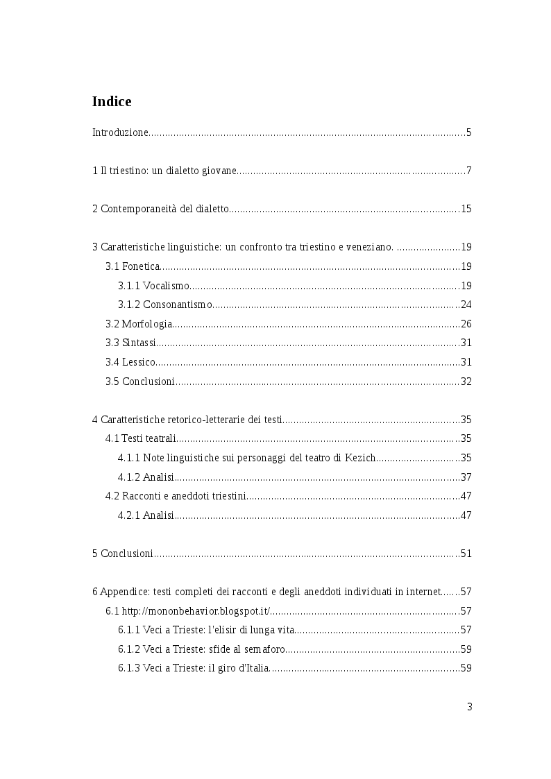 Indice della tesi: Il dialetto triestino a teatro e in letteratura. Spunti letterari per una caratterizzazione linguistica., Pagina 1
