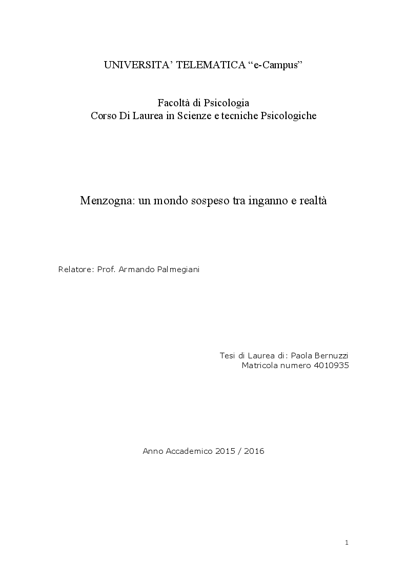 Anteprima della tesi: Menzogna: un mondo sospeso tra inganno e realtà, Pagina 1