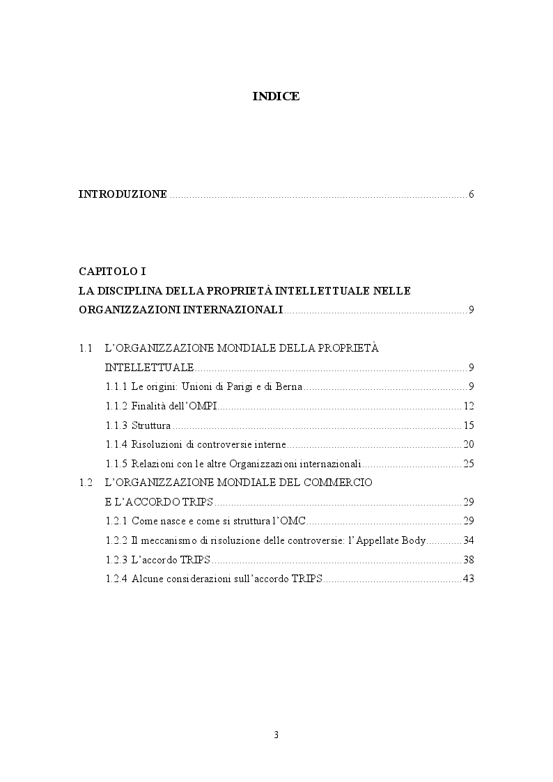 Indice della tesi: I diritti di proprietà intellettuale nella politica globale: Potenzialità e limiti dei brevetti per invenzione, Pagina 1