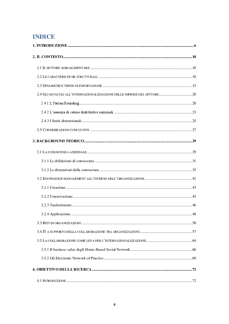 Indice della tesi: L'aggregazione di impresa a sostegno dell'internazionalizzazione delle PMI agro-alimentari, Pagina 1