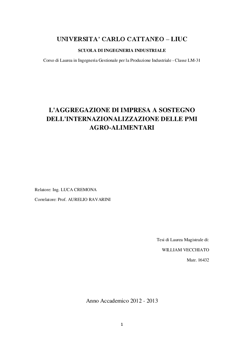 Anteprima della tesi: L'aggregazione di impresa a sostegno dell'internazionalizzazione delle PMI agro-alimentari, Pagina 1