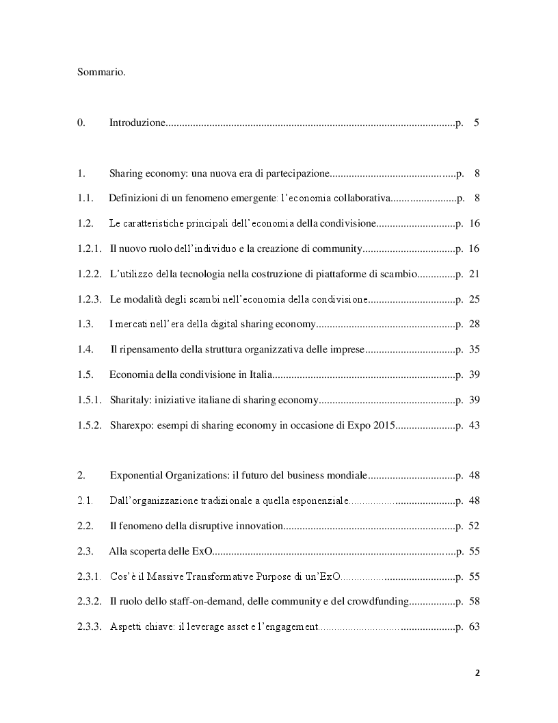 Indice della tesi: Le organizzazioni esponenziali e i sistemi relazionali nell'era della sharing economy, Pagina 1