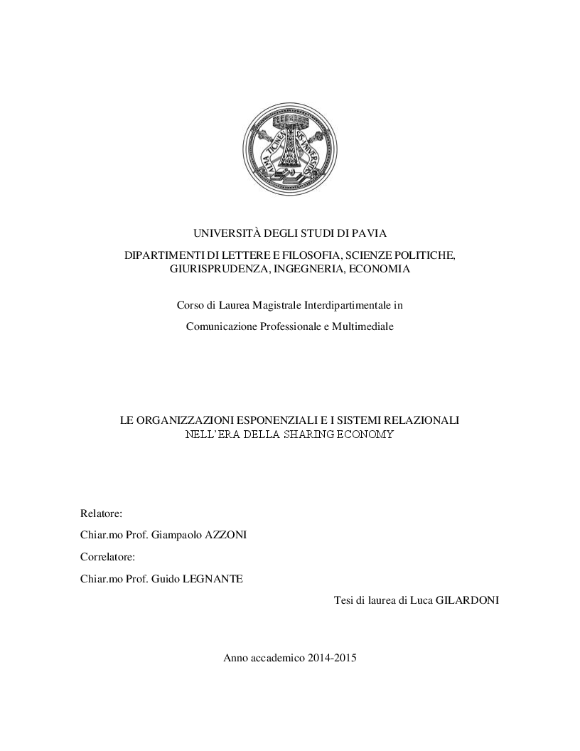 Anteprima della tesi: Le organizzazioni esponenziali e i sistemi relazionali nell'era della sharing economy, Pagina 1
