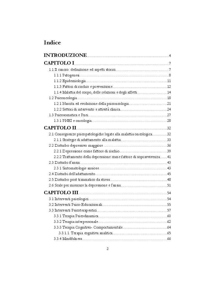 Indice della tesi: La terapia psicologica del paziente oncologico, Pagina 1