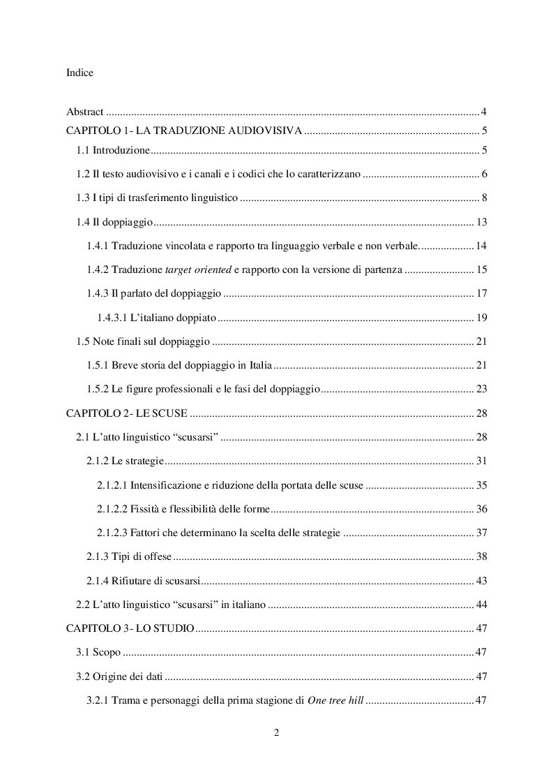 Indice della tesi: L'atto linguistico ''scusarsi'' nel doppiaggio dall'inglese all'italiano, Pagina 1