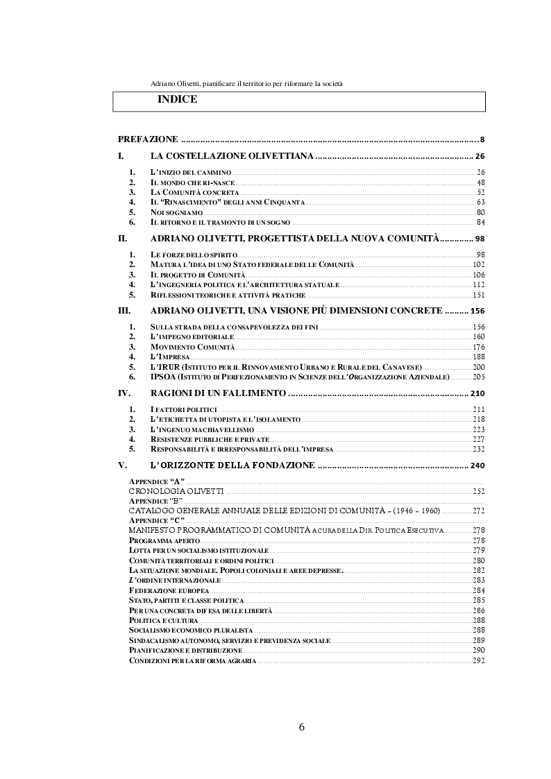 Indice della tesi: Adriano Olivetti, pianificare il territorio per riformare la società, Pagina 1