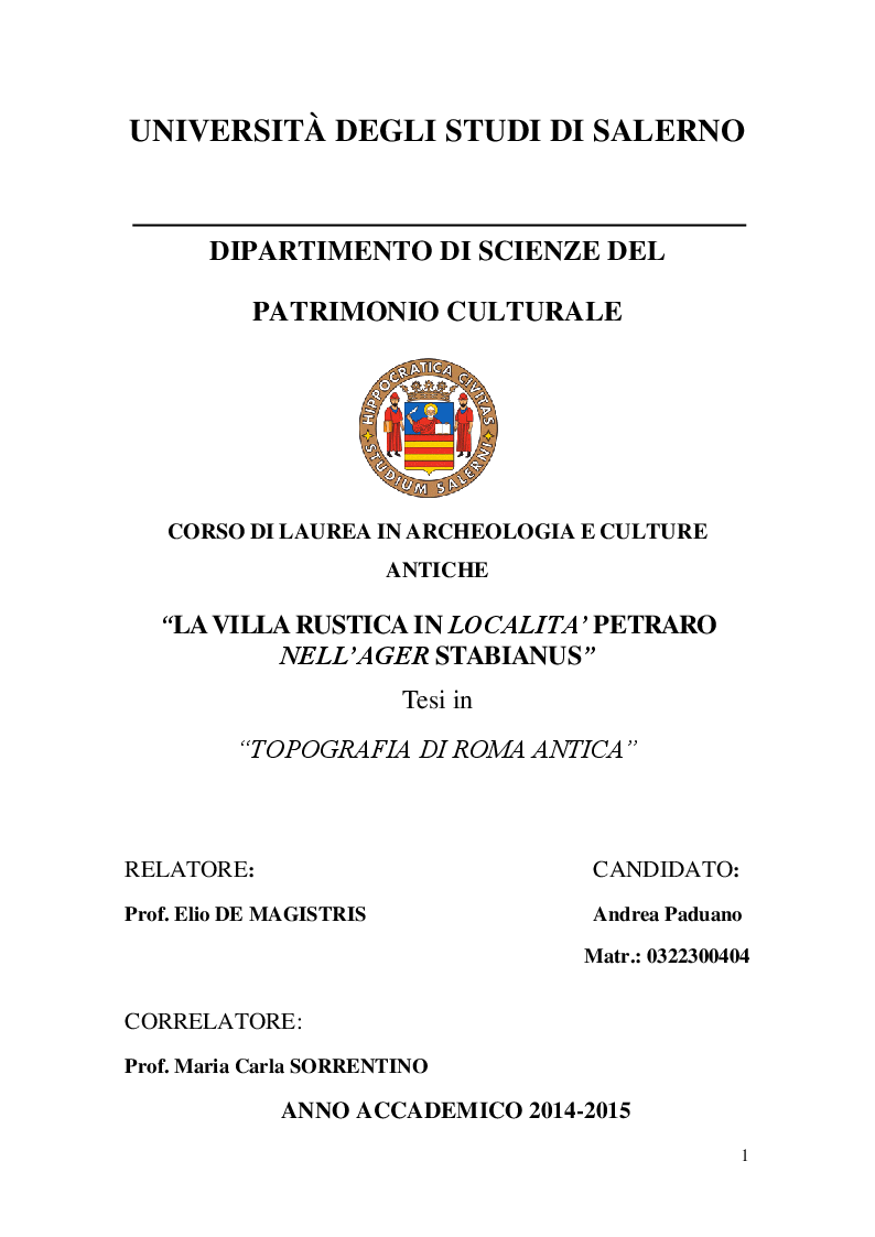 Anteprima della tesi: La villa rustica in località Petraro nell'Ager Stabianus, Pagina 1