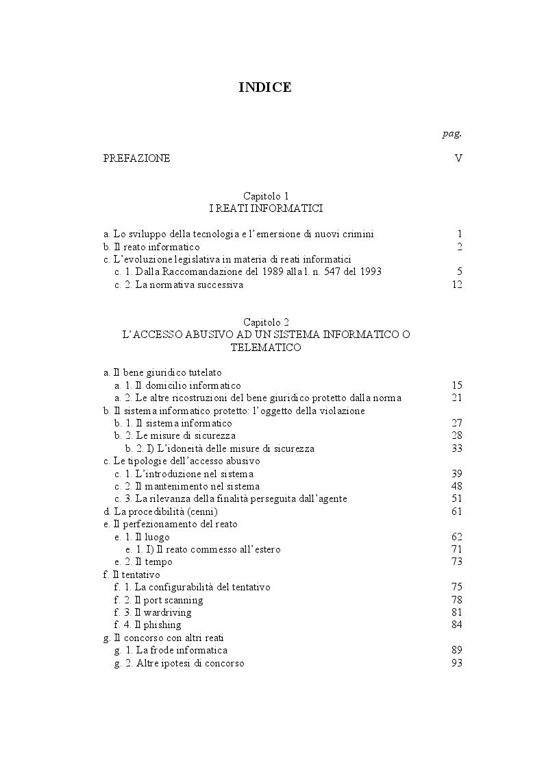 Indice della tesi: L'accesso abusivo ad un sistema informatico o telematico, Pagina 1