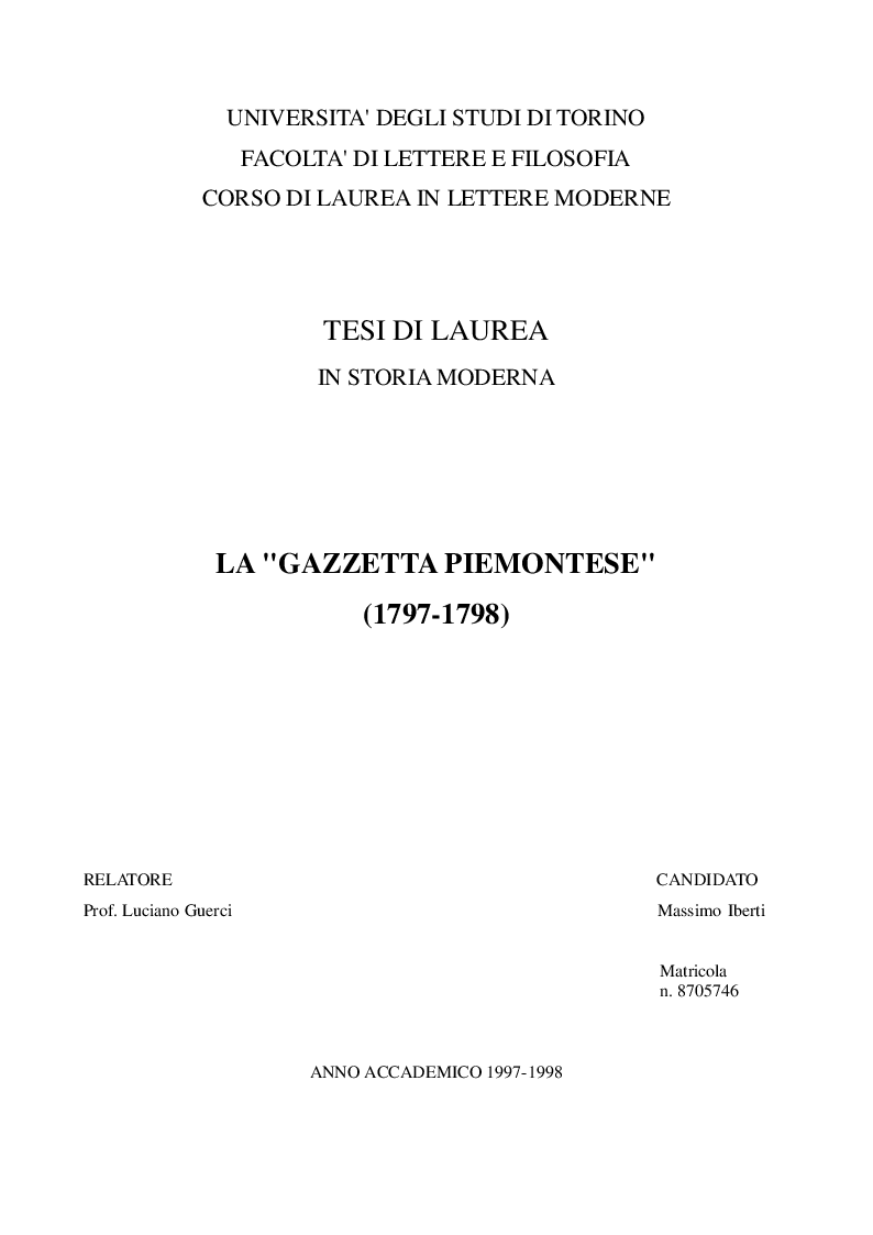 Anteprima della tesi: La ''Gazzetta piemontese'' (1797-1798), Pagina 1