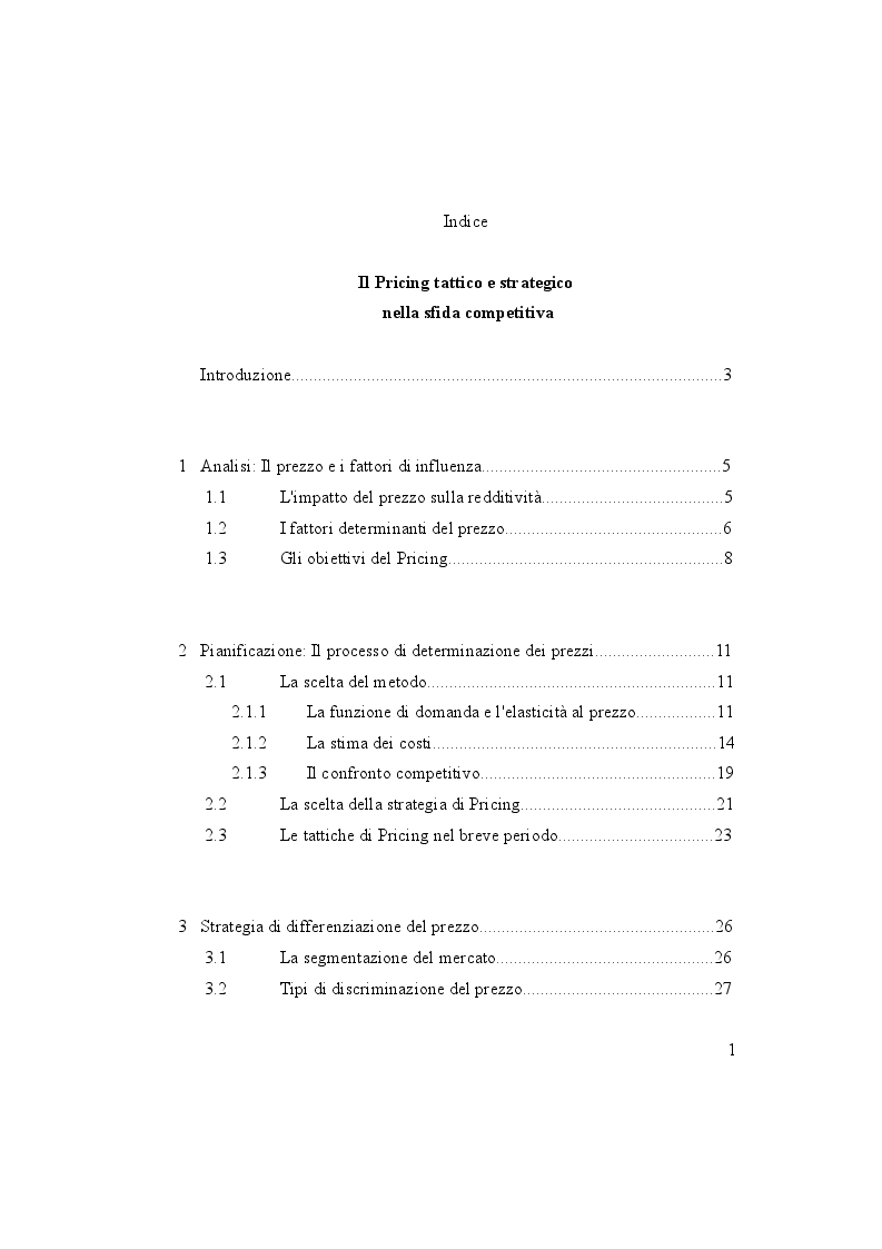 Indice della tesi: Il Pricing tattico e strategico nella sfida competitiva, Pagina 1