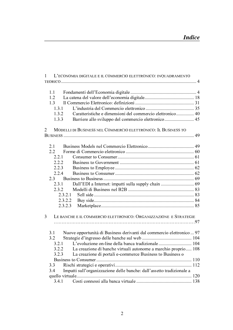 Indice della tesi: L'organizzazione del commercio elettronico business to business: un caso empirico nel settore bancario, Pagina 1