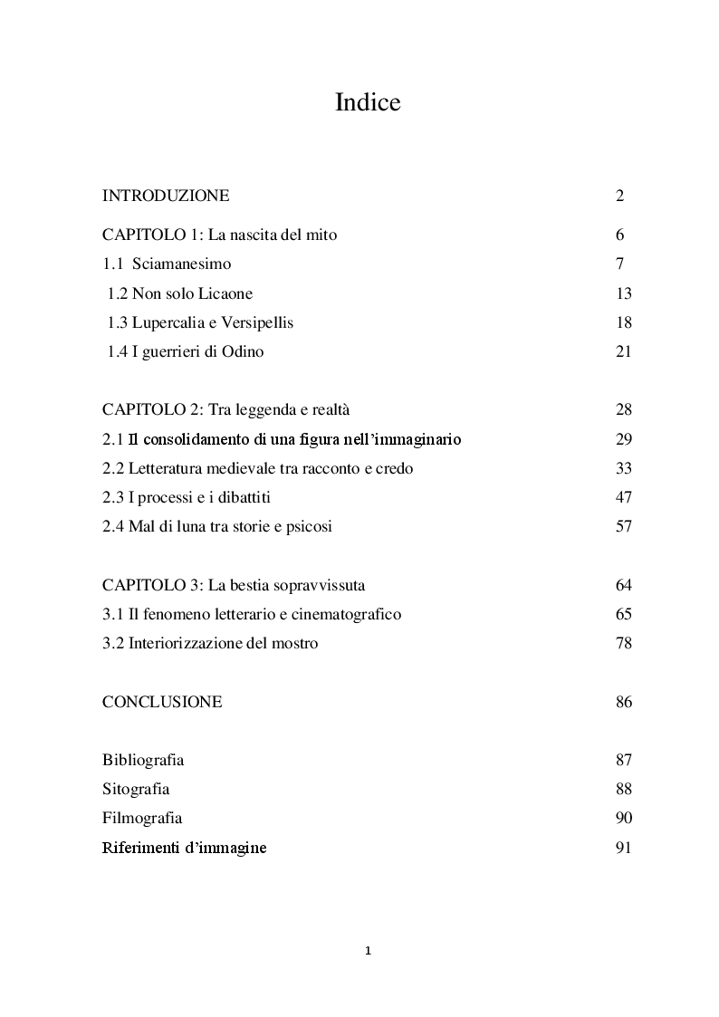 Indice della tesi: Lupi Homines, Evoluzione della figura del lupo mannaro dall'antichità ad oggi, Pagina 1