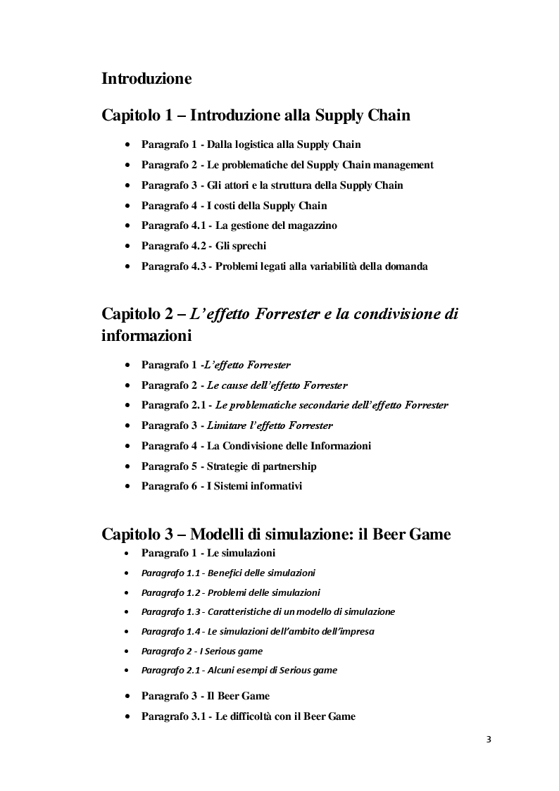 Indice della tesi: La condivisione delle informazioni per ridurre l’effetto Forrester: un confronto tra scenari di simulazione, Pagina 1