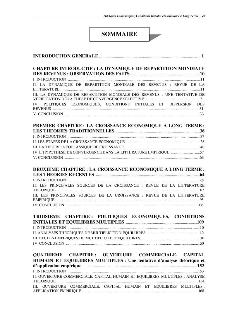 Indice della tesi: Politiques économiques, conditions initiales et croissance à long terme, Pagina 1