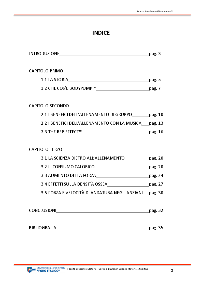 Indice della tesi: Il Bodypump™ - vantaggi dell'allenamento ad alto numero di ripetizioni e basso carico, Pagina 1