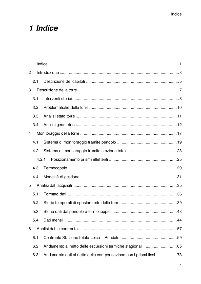 Indice della tesi: Analisi dei dati di monitoraggio e del comportamento strutturale della Torre Civica di Portogruaro, Pagina 1