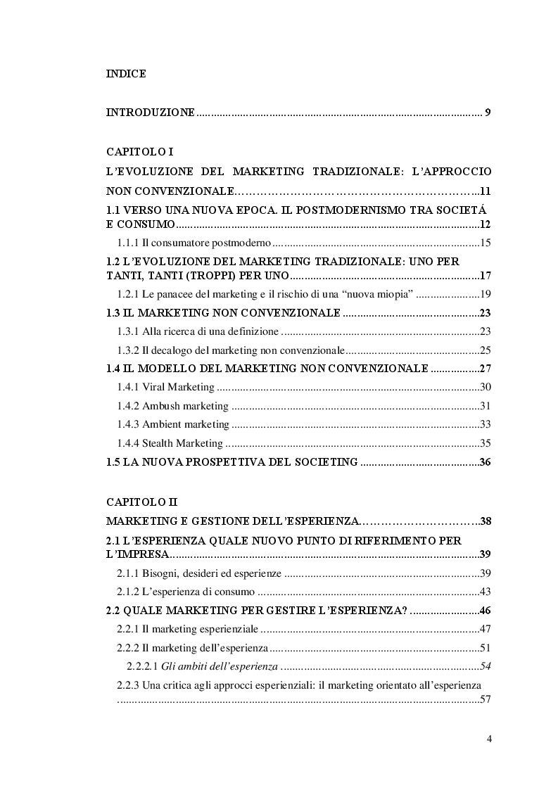 Indice della tesi: Soluzioni di Marketing non convenzionale nella gestione della comunicazione d'impresa., Pagina 1