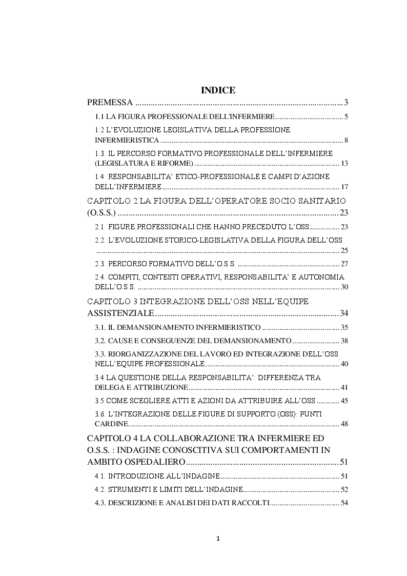 Indice della tesi: Collaborazione e integrazione tra Infermiere e Operatore socio sanitario: indagine conoscitiva in campo ospedaliero, Pagina 1