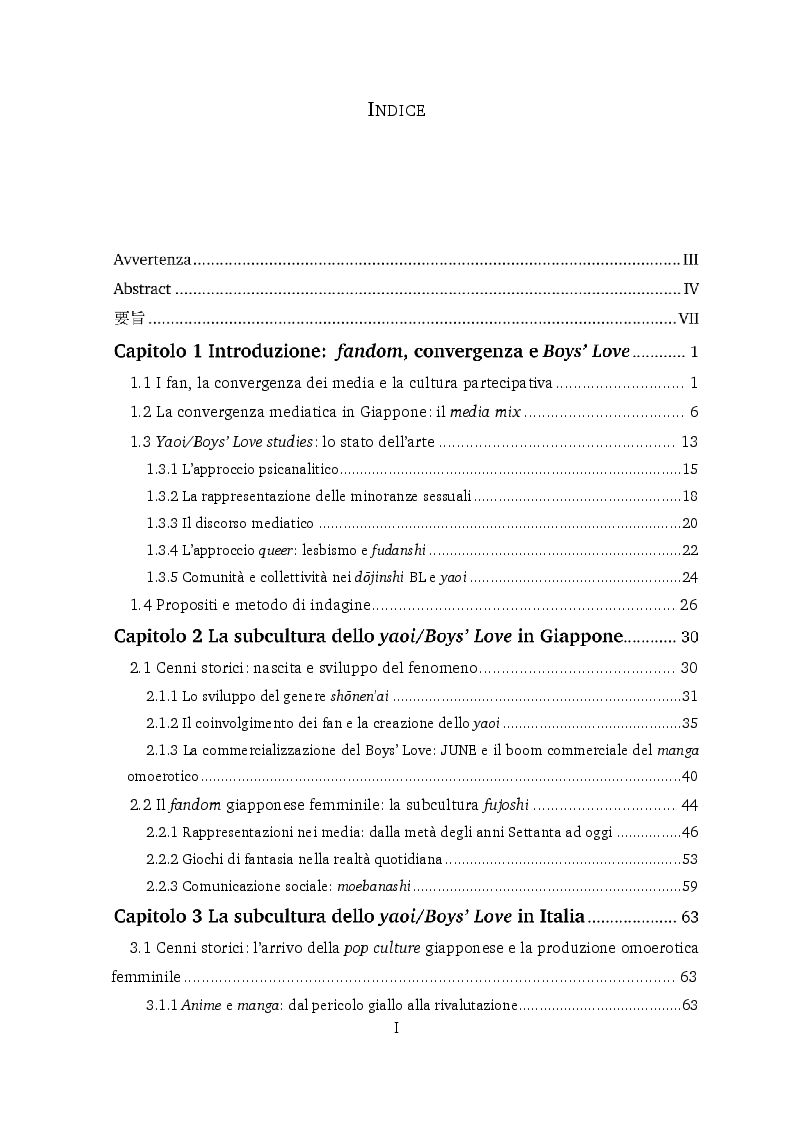 Indice della tesi: La subcultura dello yaoi/Boys’ Love in Italia: Omoerotismo, creatività e interazioni sociali nel fandom femminile, Pagina 1