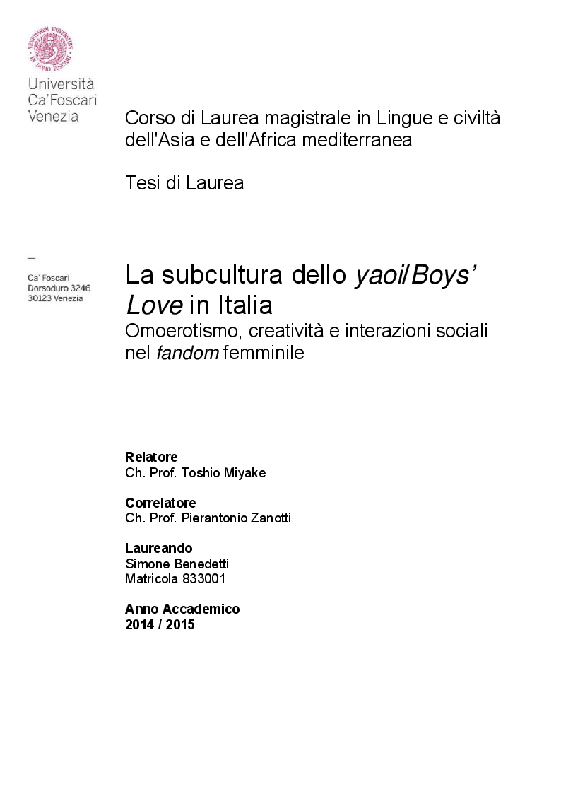 Anteprima della tesi: La subcultura dello yaoi/Boys’ Love in Italia: Omoerotismo, creatività e interazioni sociali nel fandom femminile, Pagina 1