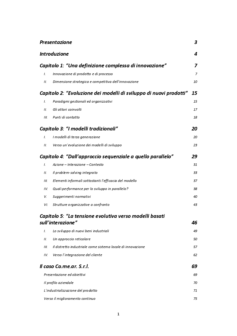 Indice della tesi: Modelli per l’innovazione industriale: i casi Benelli Armi S.p.A. e Co.me.ar. S.r.l., Pagina 1