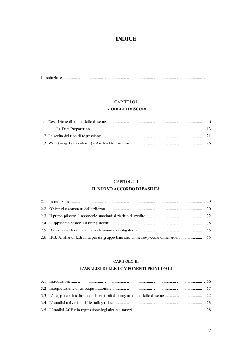 Indice della tesi: L'analisi delle componenti principali (ACP) per lo sviluppo di un modello di score attraverso l'utilizzo di variabili dummy., Pagina 1