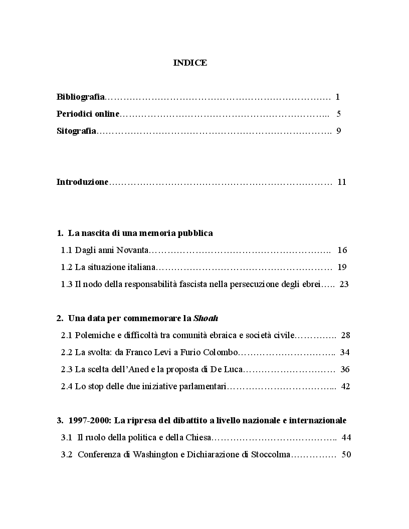 Indice della tesi: Il Giorno della Memoria. La commemorazione della Shoah in Italia, Pagina 1