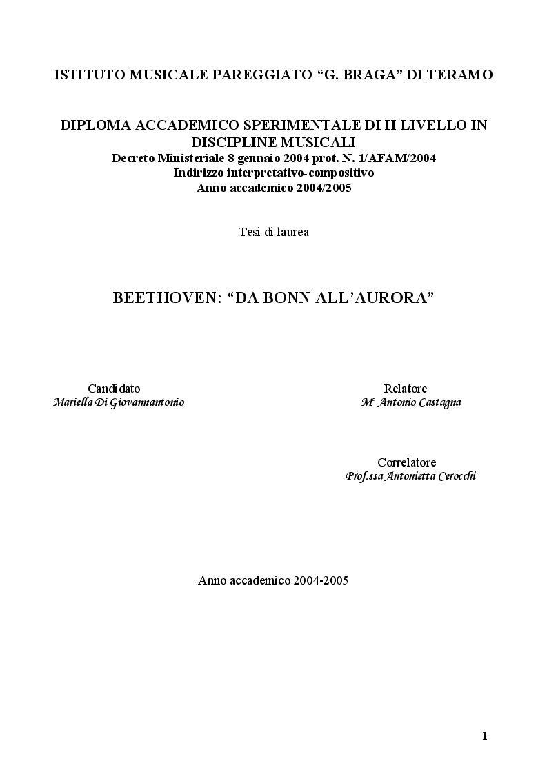 Anteprima della tesi: Beethoven: ''Da Bonn all'Aurora'', Pagina 1