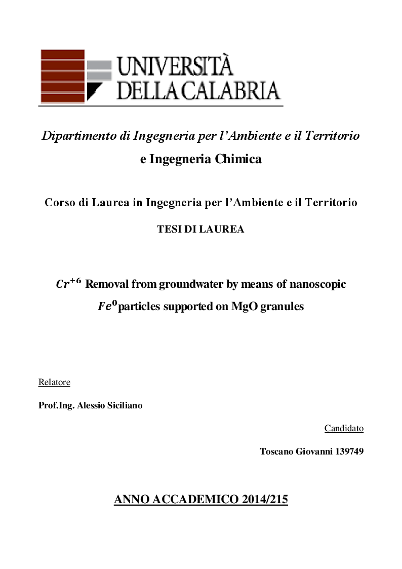 Anteprima della tesi: Cr VI Removal from groundwater by means of nanoscopic Fe particles supported on MgO granules, Pagina 1