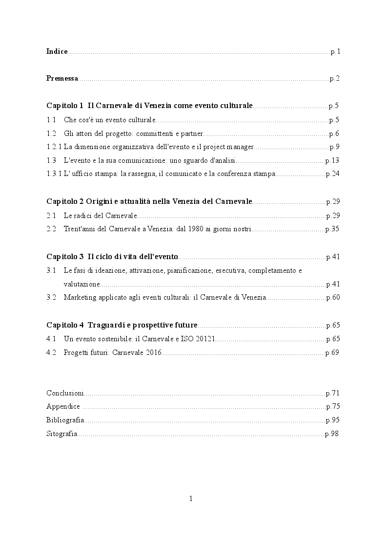 Indice della tesi: Caratteri organizzativi del Carnevale di Venezia. Un evento fra tradizione ed innovazione, Pagina 1