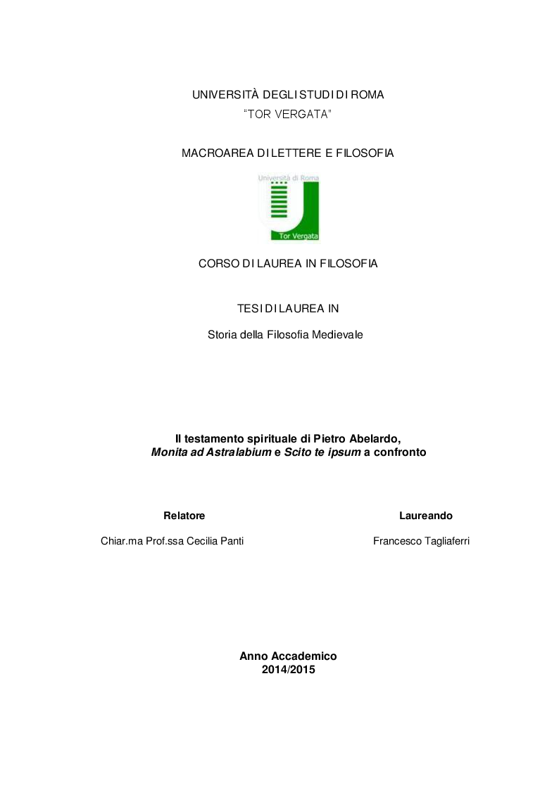 Anteprima della tesi: Il testamento spirituale di Pietro Abelardo, Monita ad Astralabium ed Ethica a confronto, Pagina 1