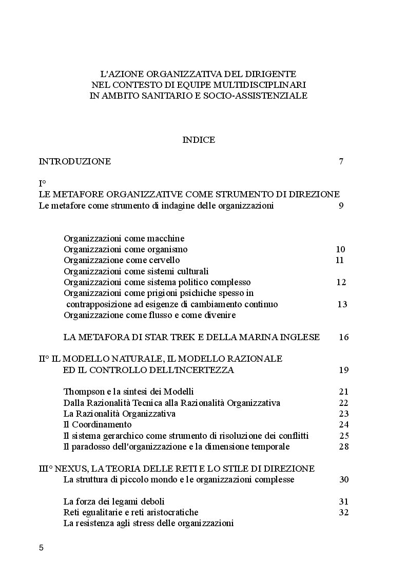 Indice della tesi: Azione organizzativa del dirigente nel contesto di equipe multidisciplinari in ambito sanitario e socio assistenziale, Pagina 1