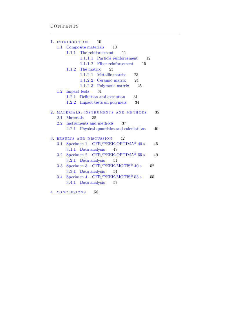 Indice della tesi: Impact Characterization of Polymer Composites Based on PEEK and Carbon Fibers, Pagina 1