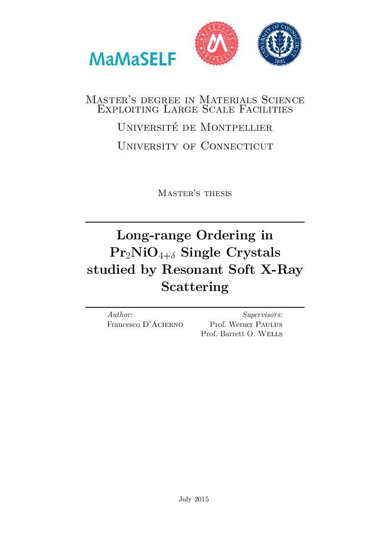 Anteprima della tesi: Long-range Ordering in Pr(2)NiO(4+δ) Single Crystals studied by Resonant Soft X-Ray Scattering, Pagina 1