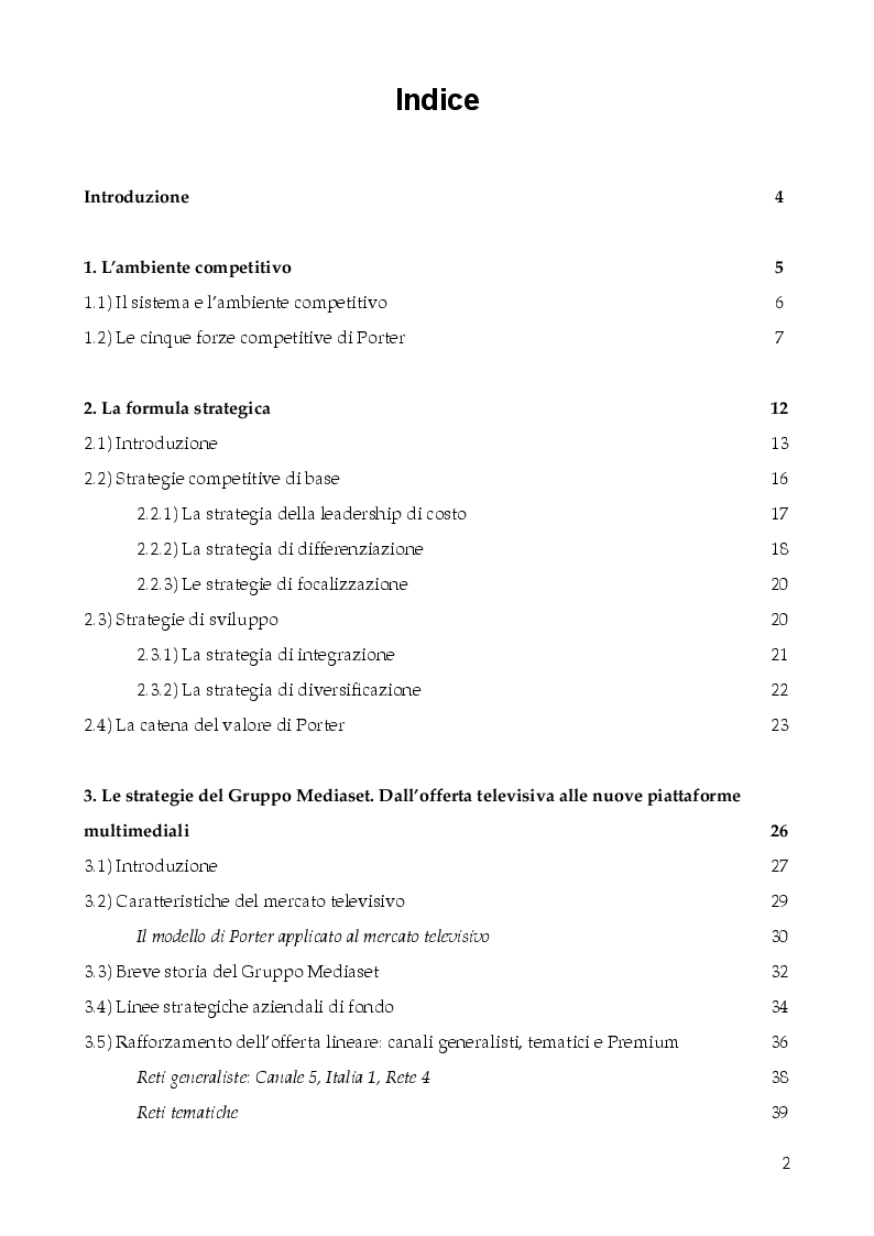 Indice della tesi: L'ambiente competitivo e le Strategie Aziendali: il caso Mediaset., Pagina 1