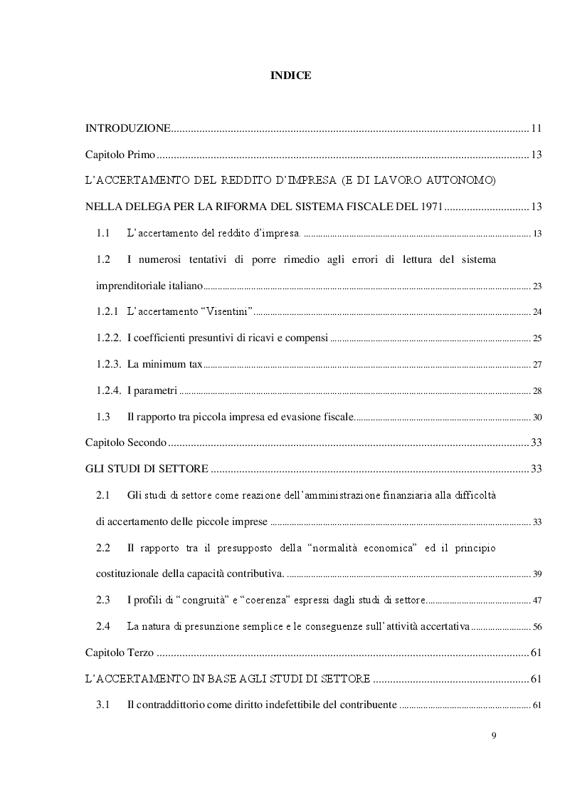 Indice della tesi: Gli accertamenti fiscali basati sugli studi di settore, Pagina 1
