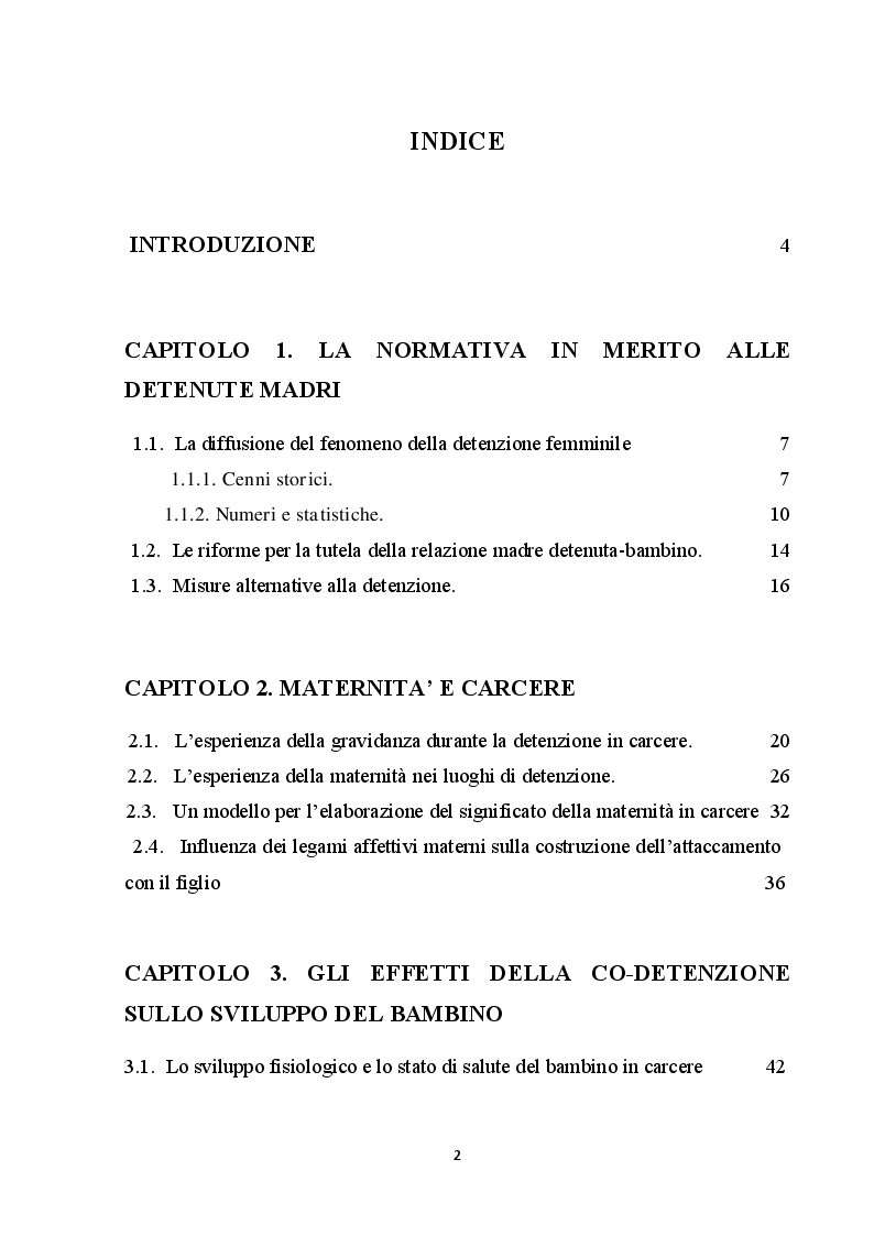 Indice della tesi: Madri e bambini in carcere:dimensioni psicologiche dell'esperienza di co-detenzione, Pagina 1