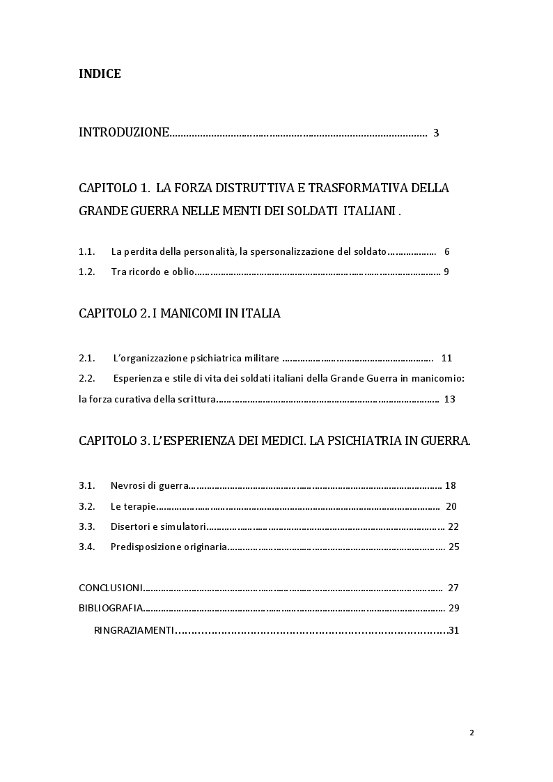 Indice della tesi: Patologie mentali e Grande Guerra: le origini della psichiatria e della psicologia di guerra in Italia, Pagina 1
