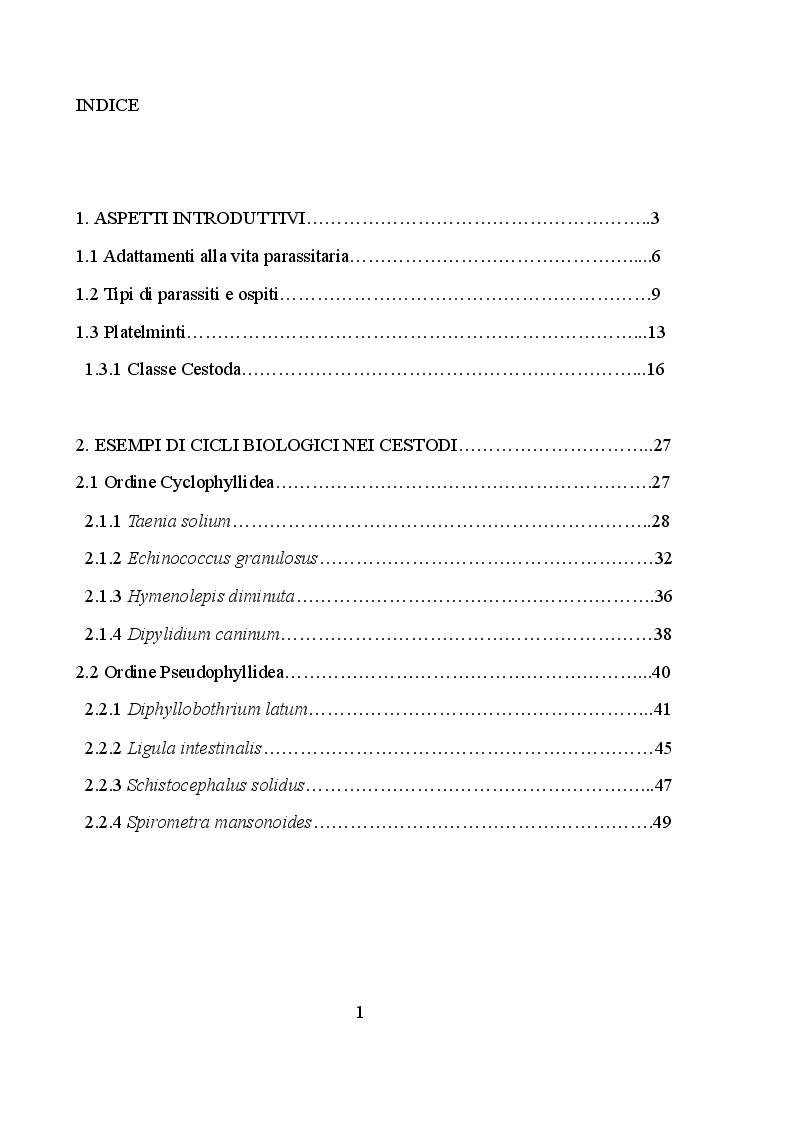 Indice della tesi: Strategie adattative al parassitismo nei cestodi, Pagina 1