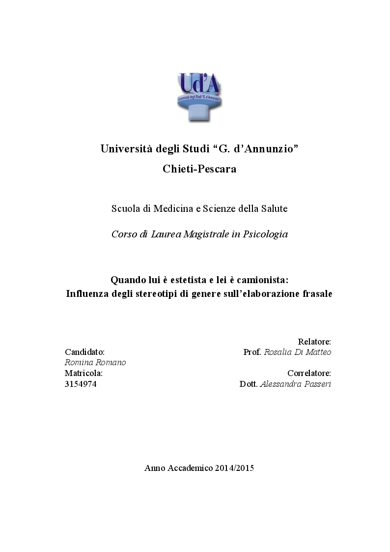 Anteprima della tesi: Quando lui è estetista e lei è camionista: Influenza degli stereotipi di genere sull’elaborazione frasale., Pagina 1
