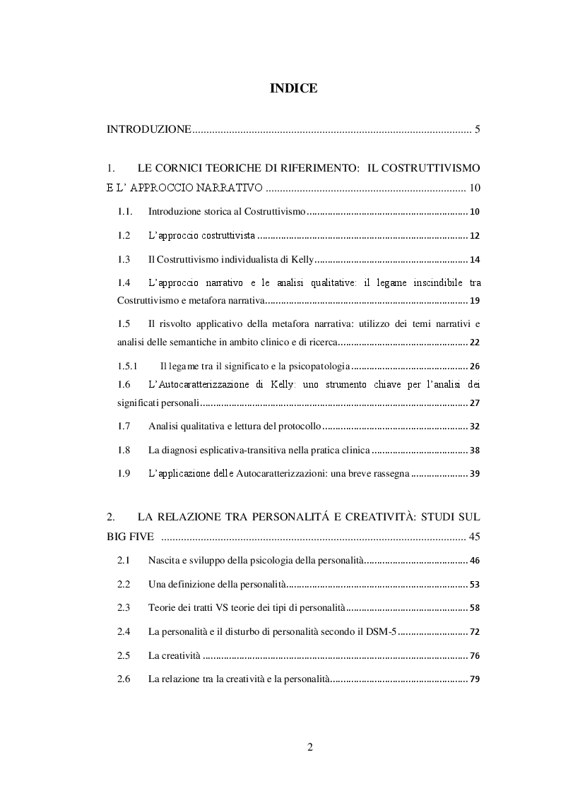 Indice della tesi: Quale relazione tra personalità e creatività? Analisi delle semantiche e dei tratti in un campione di autori di audiovisivi fotografici, Pagina 1