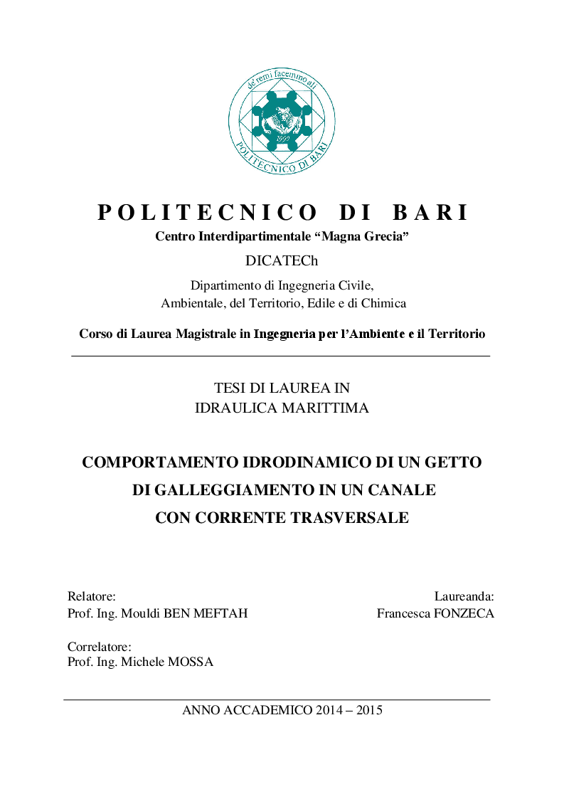 Anteprima della tesi: Comportamento idrodinamico di un getto di galleggiamento in un canale con corrente trasversale, Pagina 1