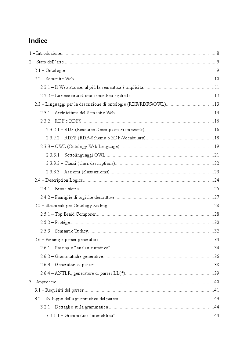 Indice della tesi: Realizzazione di un parser per Logiche Descrittive all'interno di un Ontology Editor, Pagina 1